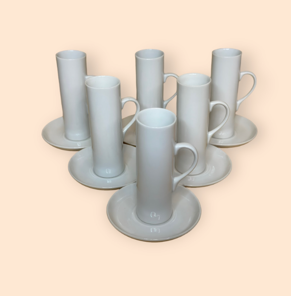Vintage LaGardo Tackett Schmid MCM White Porcelain Demitasse Espresso Cups and Saucers - 6 sets